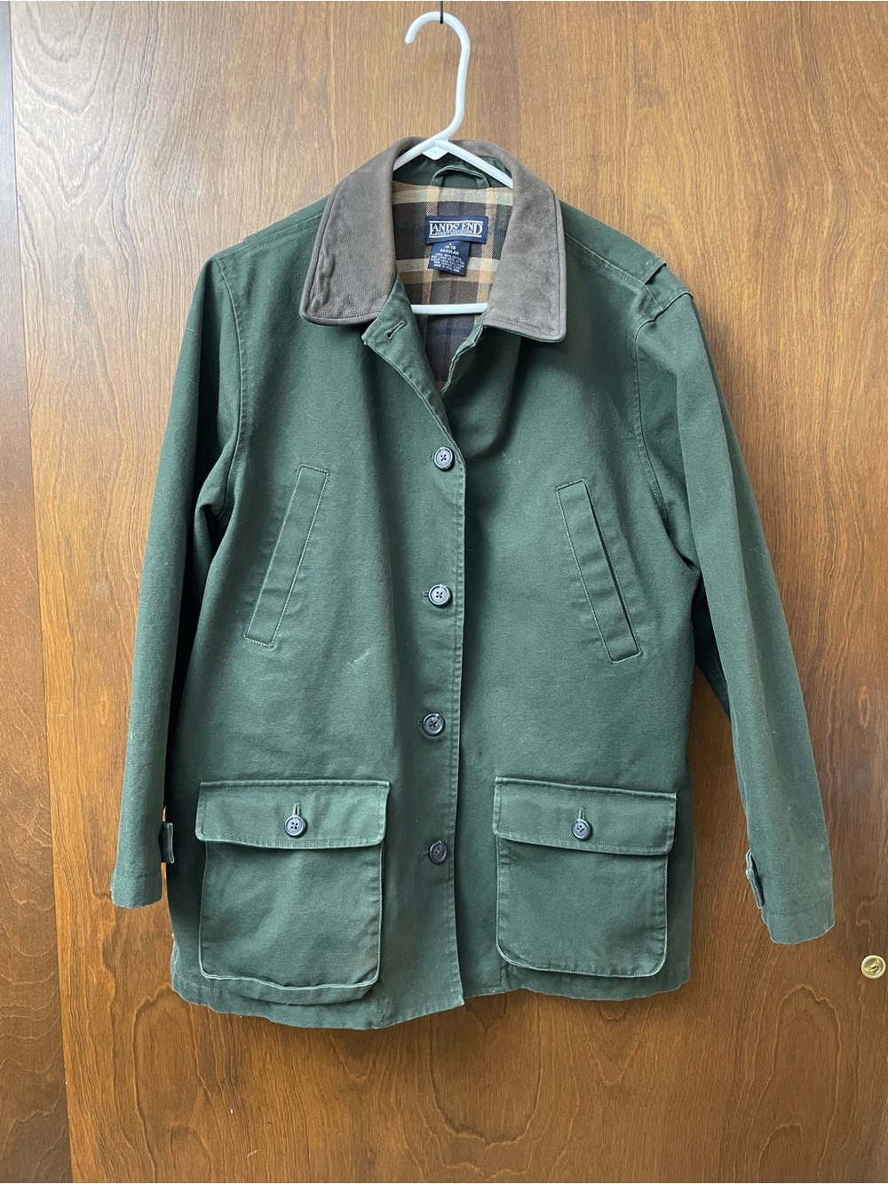 Lands End Women's Chore Barn Coat Green Flannel Lined Jacket Leather Trim Large